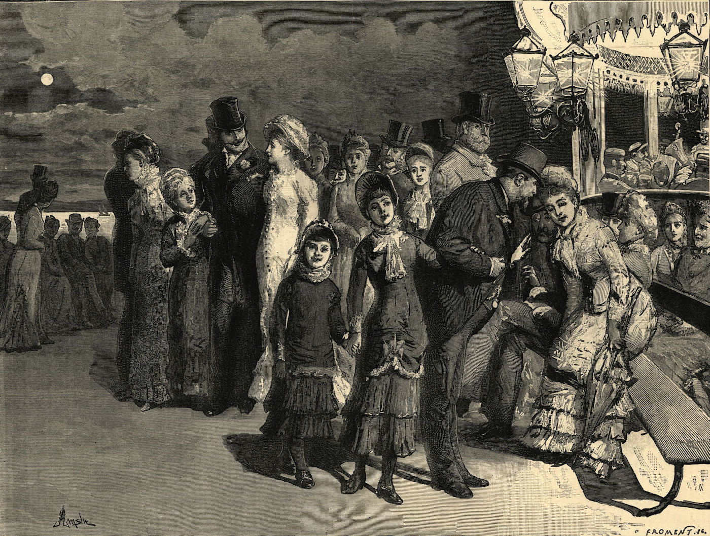 Evening at the spa, Scarborough. Yorkshire. Society 1881 old antique print